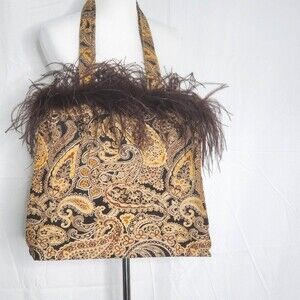 CBK Boho Y2K Brown & Gold Feather Paisley Tapestry Brocade Lined Bag Purse Tote